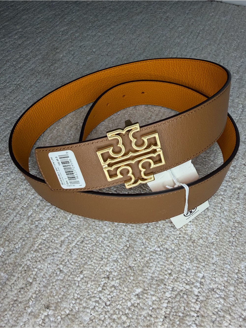 Tory Burch Tan Belt with Gold Logo Buckle and Yellow Interior